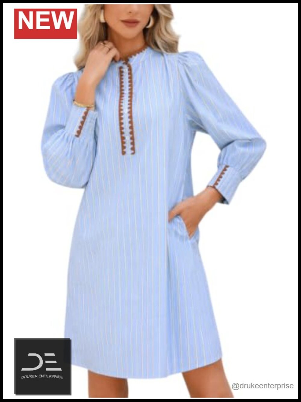 Women's Boho Striped Cotton Mini Dress Embroidered Button Up Puff Sleeve Tunic